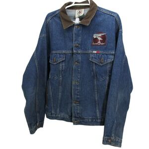 Texas Wear Chrome Angel Patch USA  L Large Blue Jean Denim Jacket Inside Pockets